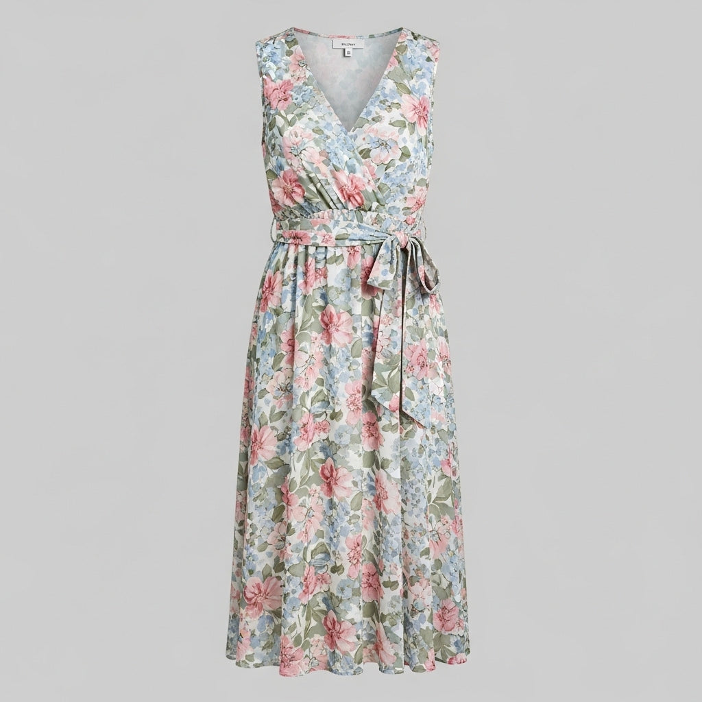 Kwiatowa Sukienka Midi z Wiązaniem w Talii