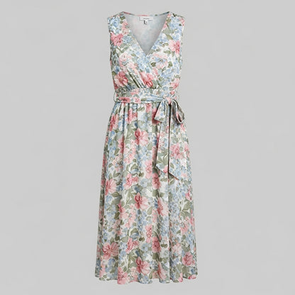 Kwiatowa Sukienka Midi z Wiązaniem w Talii