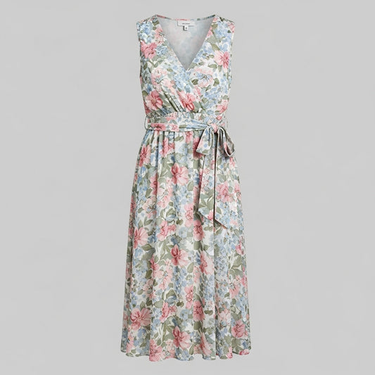 Kwiatowa Sukienka Midi z Wiązaniem w Talii