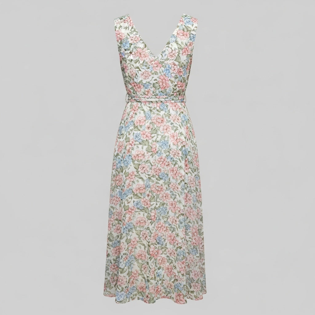 Kwiatowa Sukienka Midi z Wiązaniem w Talii