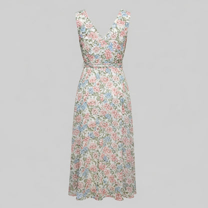 Kwiatowa Sukienka Midi z Wiązaniem w Talii