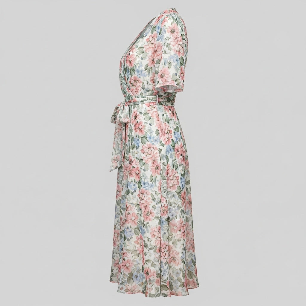 Kwiatowa Sukienka Midi z Wiązaniem w Talii